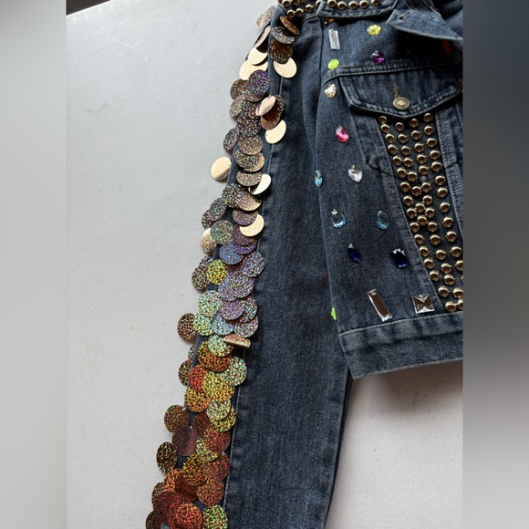NWT Studded Denim Jacket with Gold and Multicolor Accents. Size M available. - Picture 7 of 9